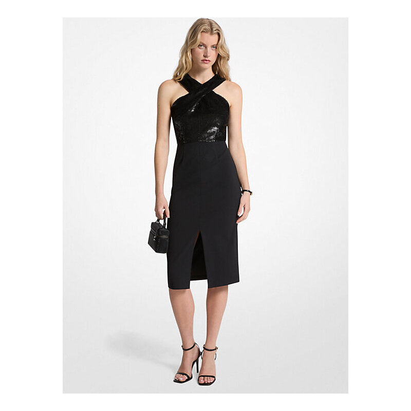 Sequined and Crepe Halter Dress